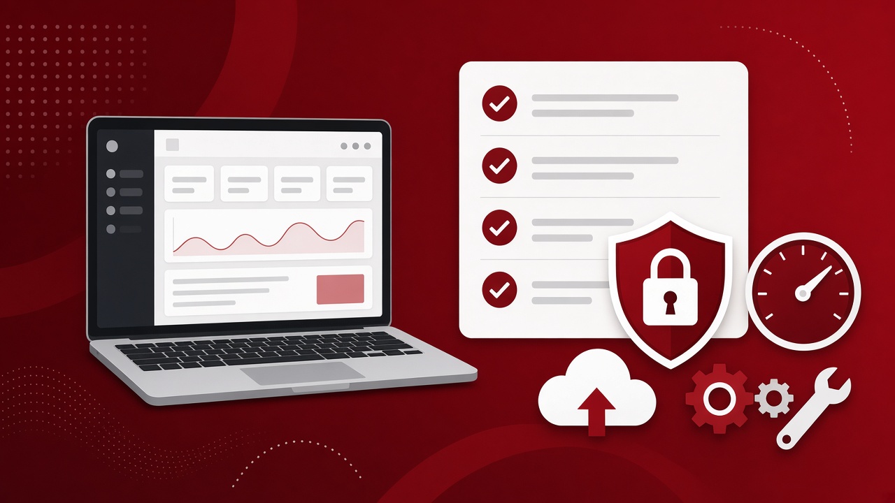 Website maintenance checklist illustration with laptop, security shield, speed gauge and backup icons
